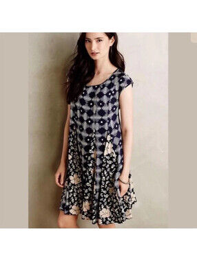 MAEVE Anthropologie Indiga Swing Dress Sz M Navy Blue Lace Up Back Lined Knee